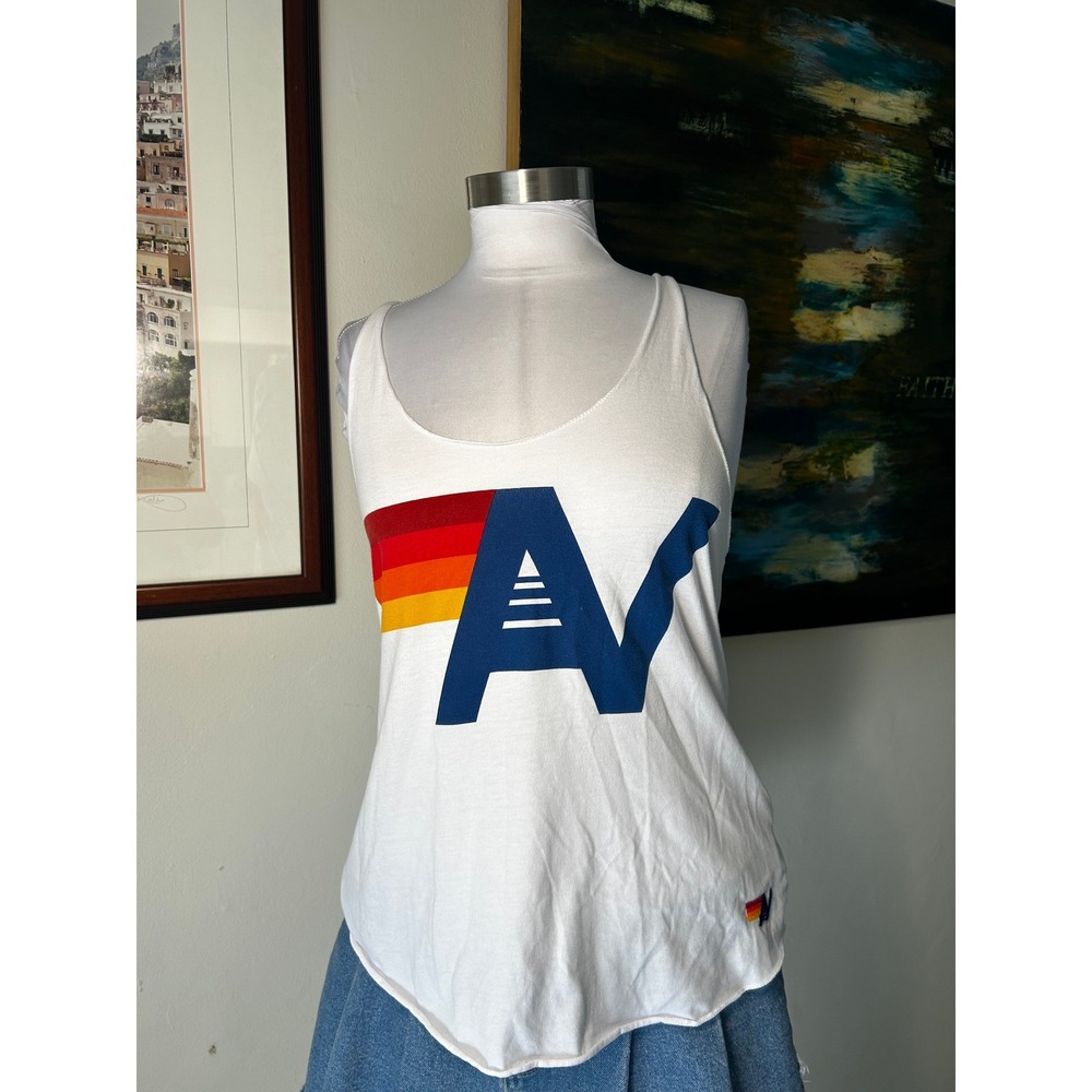 Aviator Nation Tank Top Large White Retro Logo Graphic Scoop Neck